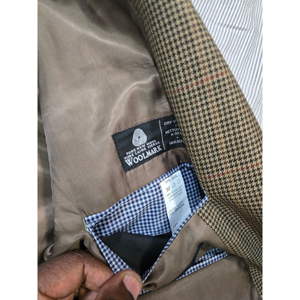 100% Wool IZOD Mens 44S Brown Houndstooth Blazer Woolmark Sport Coat suit - Picture 12 of 16